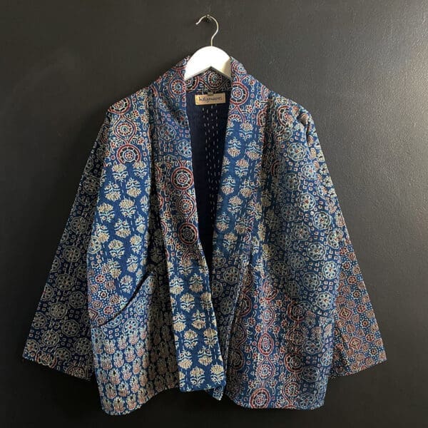 Blue Kantha Stitch Style Jacket - Midi Length - Indigowares